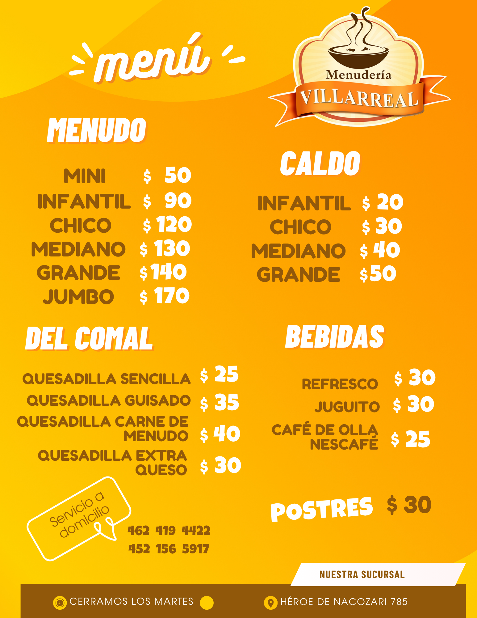 Menú Menudería Villarreal