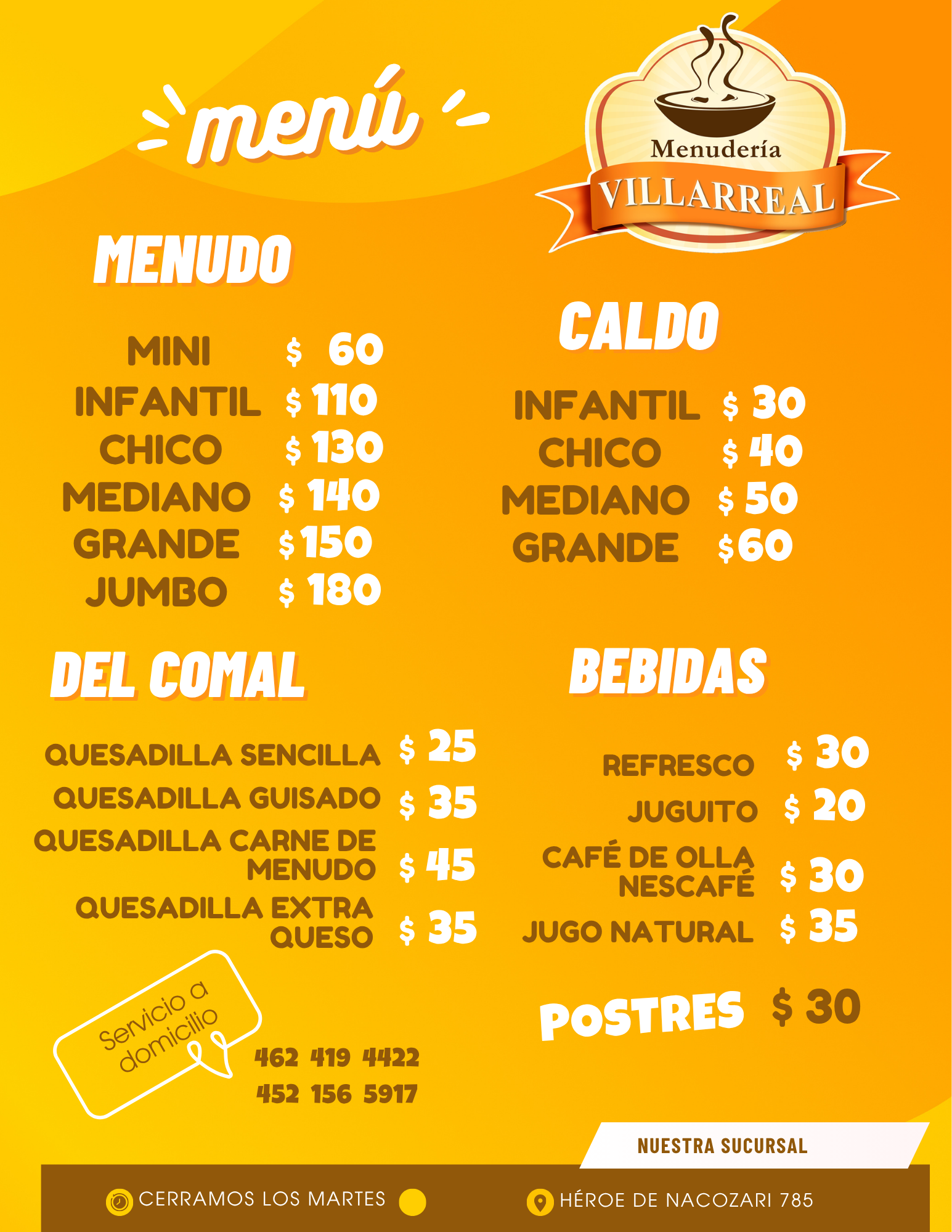 Menú Menudería Villarreal