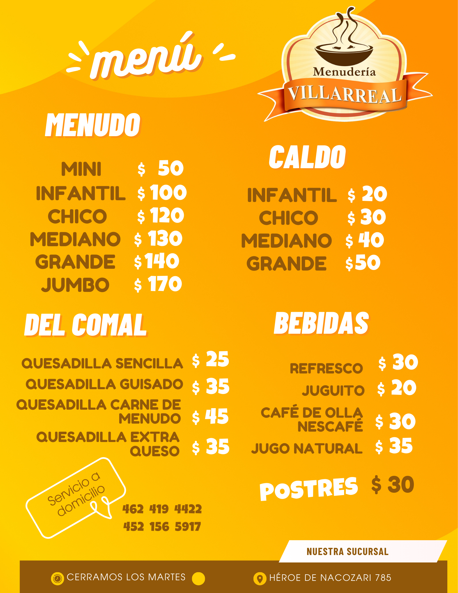 Menú Menudería Villarreal